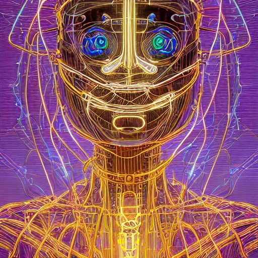 Image similar to a beautiful body of a bot pilot woman mostly made of wires and electronic circuits led luminous, an ultrafine detailed illustration by james jean, final fantasy, intricate linework, bright colors, behance contest winner, vanitas, angular, altermodern, unreal engine 5 highly rendered, global illumination, radiant light, detailed and intricate environment