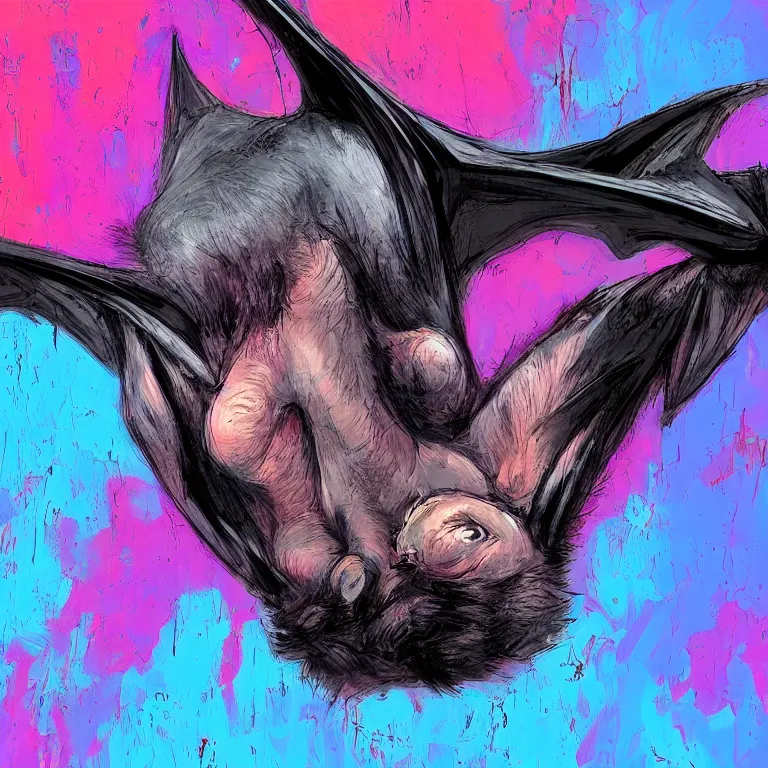 Image similar to a melancholic bat!!! hanging upside down from the ceiling, sad, psychedelic, beautiful composition, beautiful colors, artstation