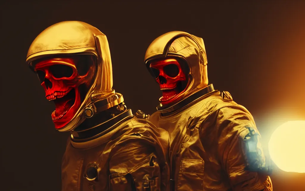 Image similar to angry ornate red skull in astronaut suit, gold linens, cinematic lighting, dramatic, octane render, long lens, shallow depth of field, bokeh, anamorphic lens flare, 8k, hyper detailed, 35mm film grain, hazy