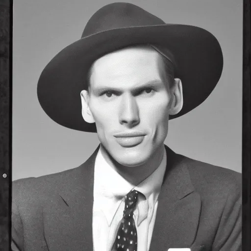 Prompt: A photograph portrait of Jerma985 wearing a suit with and fedora in the 1950s, taken in the early 1950s, grainy, taken on a 1950s Kodak Camera, realistic, hyperrealistic, very realistic, highly detailed, very detailed, extremely detailed, detailed, digital art, trending on artstation