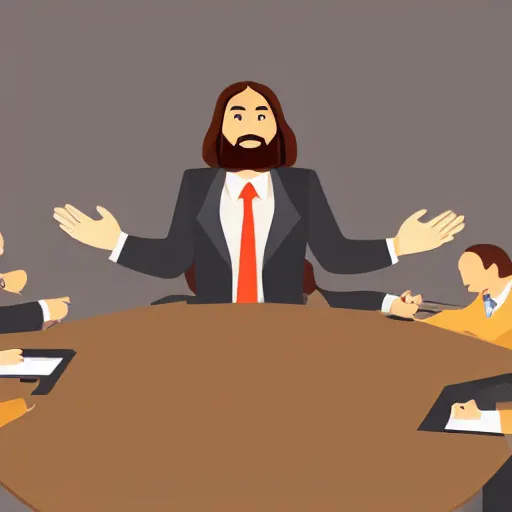 Prompt: Modern-day Jesus in a business suit, presiding over an important business boardroom meeting with other executives, photorealistic