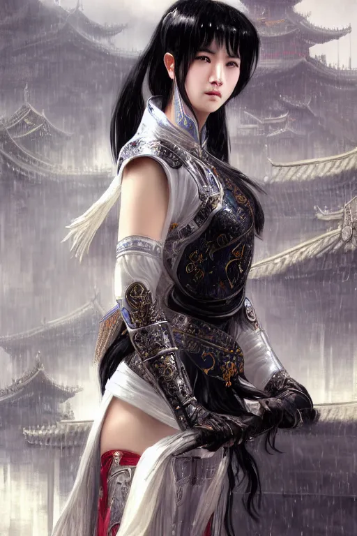 Prompt: portrait black hair young knights of Dynasty Warriors girl, matt white mirror armor, in ruin chinese temple rooftop heavily rain sunrise, ssci-fi and fantasy, intricate and very beautiful and elegant, highly detailed, digital painting, soft light, artstation, concept art, smooth and sharp focus, illustration, art by tian zi and WLOP and alphonse mucha