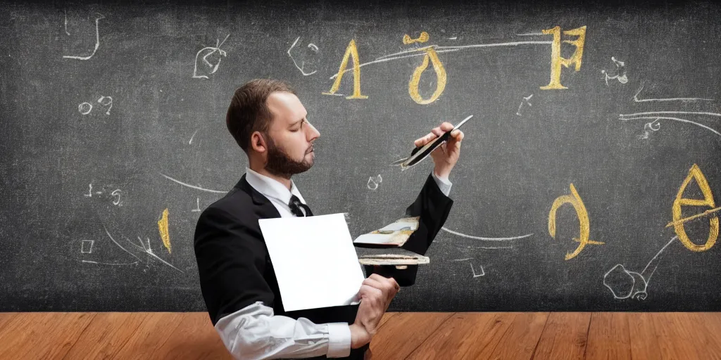 Prompt: male accountant examining the mysteries of tarot cards on a blackboard, background is chalk and blackboard, matte painting, high quality