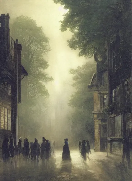 Image similar to 1 9 th century london, shady alleys, pub, thick fog, coherent composition, art by caspar david friedrich, thomas lawrence, john martin