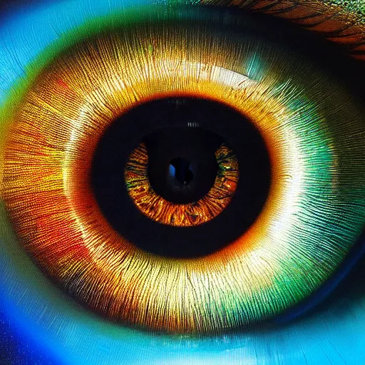 Image similar to a highly detailed photorealistic painting of a human eye reflecting outer space