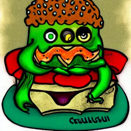 Image similar to Cthulhu eating a cheeseburger, photo realistic, award-winning, highly-detailed, epic, cinematic, dramatic