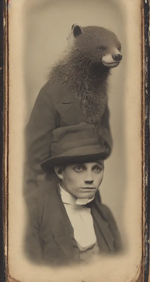 Prompt: daguerreotype portrait of a honey badger in suit and hat, vintage style, wet collodion, stempunk, sepia, monochrome black and white, artistic photo from late xix century, high resolution