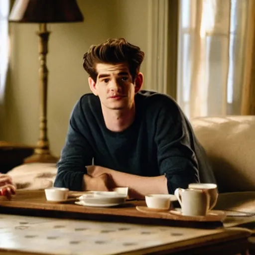 Prompt: film still of Andrew Garfield as Hughie Campbell in the Boys (2022 show) talking to Homelander