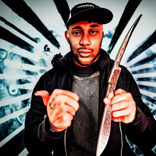 Image similar to photo of a dnb mc holding a knife