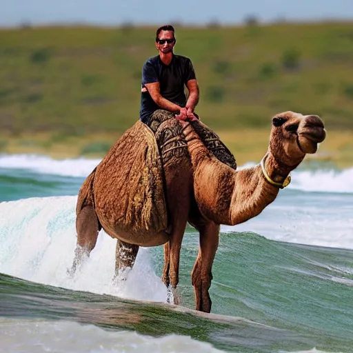 Prompt: hyperrealistic photo of a camel surfing