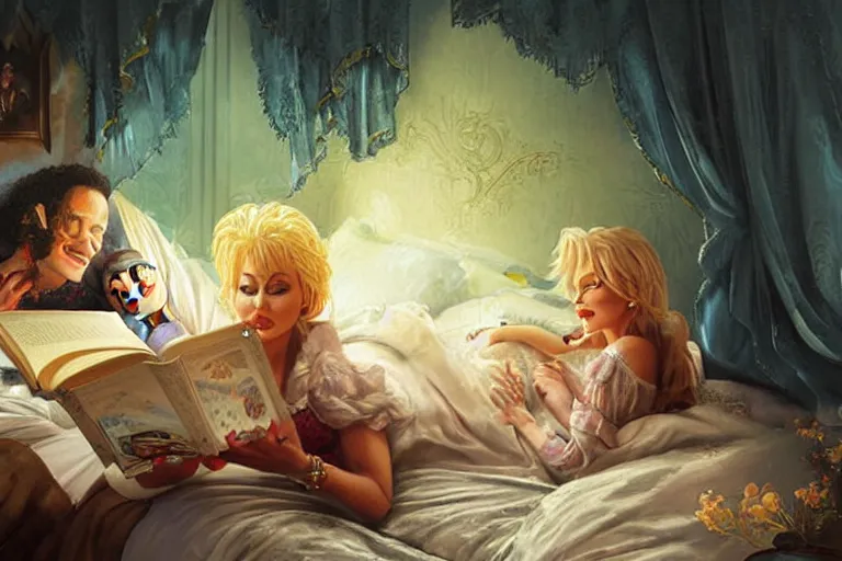 Image similar to portrait of dolly parton reading a bedtime story to michael jackson in bed, an oil painting by ross tran and thomas kincade
