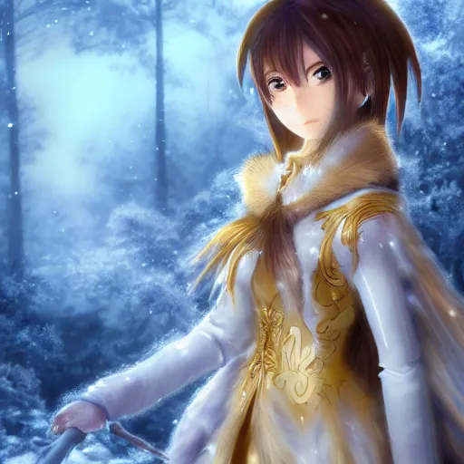 Prompt: portrait focus of knight beautiful 3D anime girl, golden Frozen ice armor wearing, dark forest background, snowing, bokeh, inspired by Masami Kurumada, digital painting, high contrast, unreal engine render, volumetric lighting, high détail