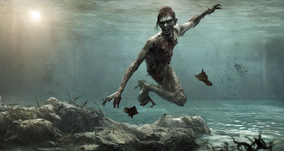 Image similar to highly detailed full body portrait of a zombie swimming underwater in a zombie - apocalypse, in a swimming pool, by greg rutkowski, octane render