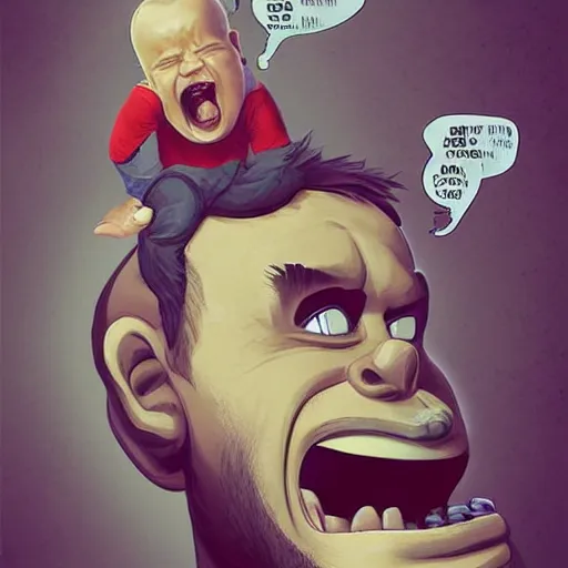 Image similar to Father yelling energetically with a big mouth at his little son who keeps his head down., exaggerated by Sebastian Krüger and Bruno Tesse trending on artstation, hyperdetailed, humor, perfect composition