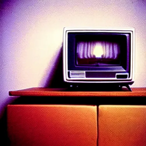 Image similar to a living room in 1982 A square CRT TV is on, with Netflix on the screen!!!!! The only light in the room is the light from TV. Polaroid photograph, very detailed