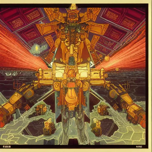 Prompt: beautifully colored detailed religious painting of occultist scientists summoning extradimensional gundam, occult giant robot power armor etched with glowing magical runes by m. c. escher, beeple, greg rutkowski and alphonse mucha. 8 k hd resolution