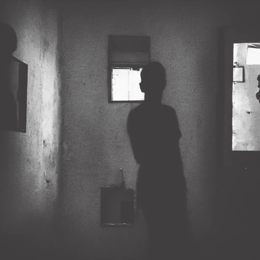 Image similar to portrait of a silhouette looking into a mirror in a decrepit bathroom