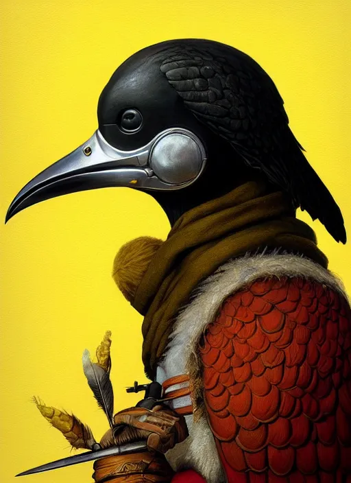 Prompt: rpg! profile! portrait of humanoid bird on white background, beak, feathers, plague doctor, yellow clothes, intricate, highly detailed, digital painting, artstation, concept art, smooth, sharp focus, illustration, art by norman rockwell emiliano ponzi andrey remnev yoann lossel aaron jasinski, 8 k