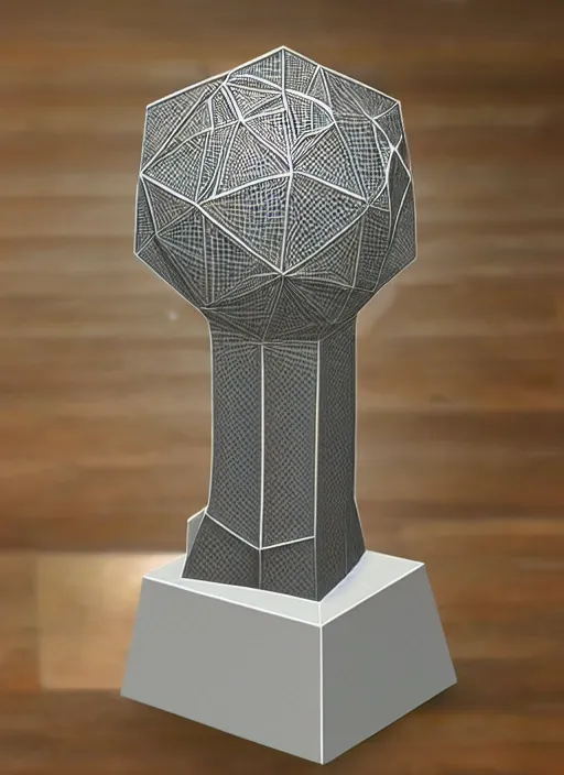 Image similar to ultra realistic, tall, reflective, very symmetrical, polyhedral, 3 d printed steel engineering trophy, 4 k, ultra realistic, highly detailed, epic lighting