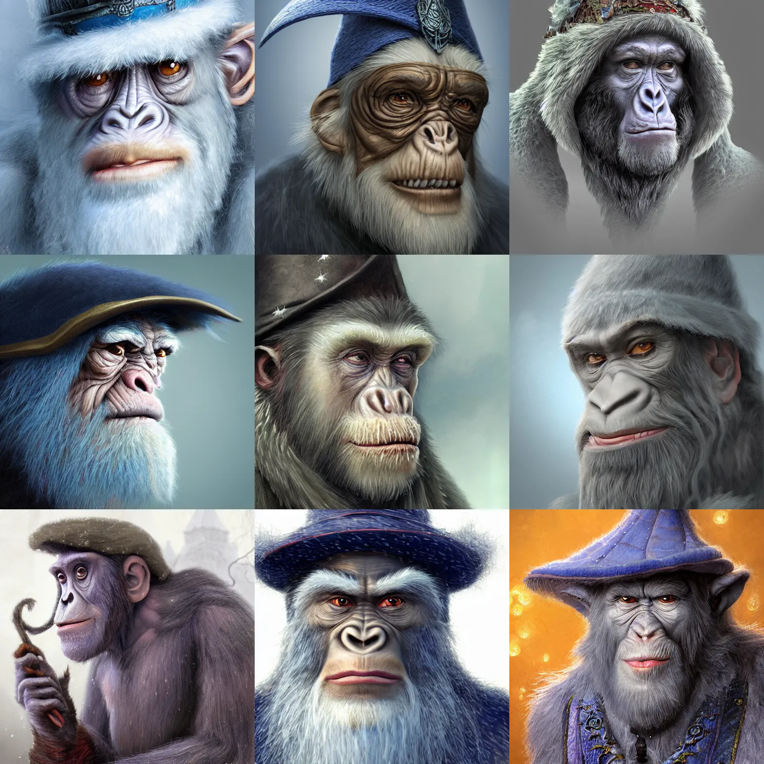 Prompt: a wlop 3 d render of very very very very highly detailed beautiful mystic portrait of a phantom ethereal ape mage with stylish hat and frosty background by anton pieck, intricate, extremely detailed, micro detail, digital painting, artstation, concept art, smooth, sharp focus, illustration, intimidating lighting, incredible art,
