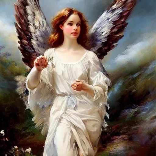 Image similar to a beautiful portrait of an angel with pretty face and her huge white wings spread out painted by gerhartz, highly detailed, beautiful illumination, graceful and elegant,.