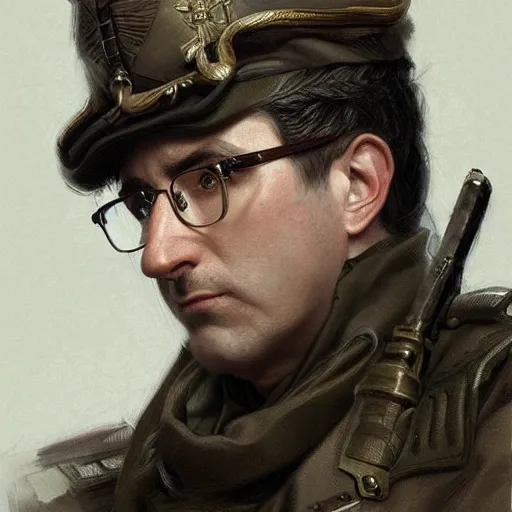 Image similar to portrait of stoic looking john oliver, military uniform, fantasy, intricate, elegant, highly detailed, centered, dark, smokey, charcoal painting, digital painting, artstation, concept art, smooth, sharp focus, illustration, art by artgerm and greg rutkowski and alphonse mucha