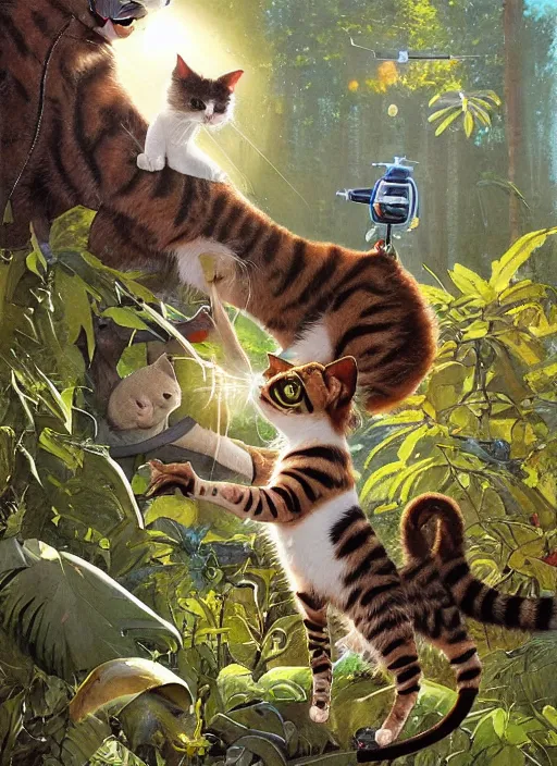 Image similar to a hyper realistic cat meeting an alien. and sunbeams blue sky, lush forest foliage painting by chiara bautista and norman rockwell and greg rutkowski weta studio, and lucasfilm