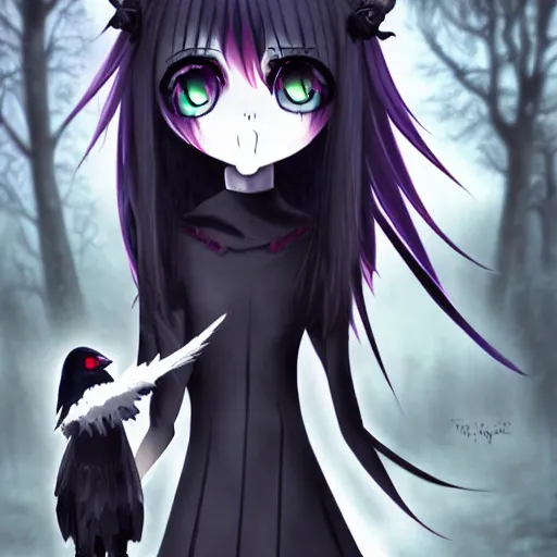 a gothic anime girl and her pet raven raven haunting, Stable Diffusion