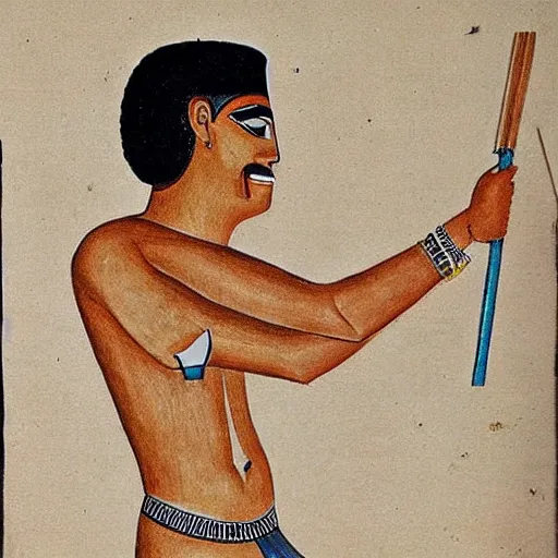 Image similar to Egyptian drawing of a man using a shake weight, ancient, photorealistic