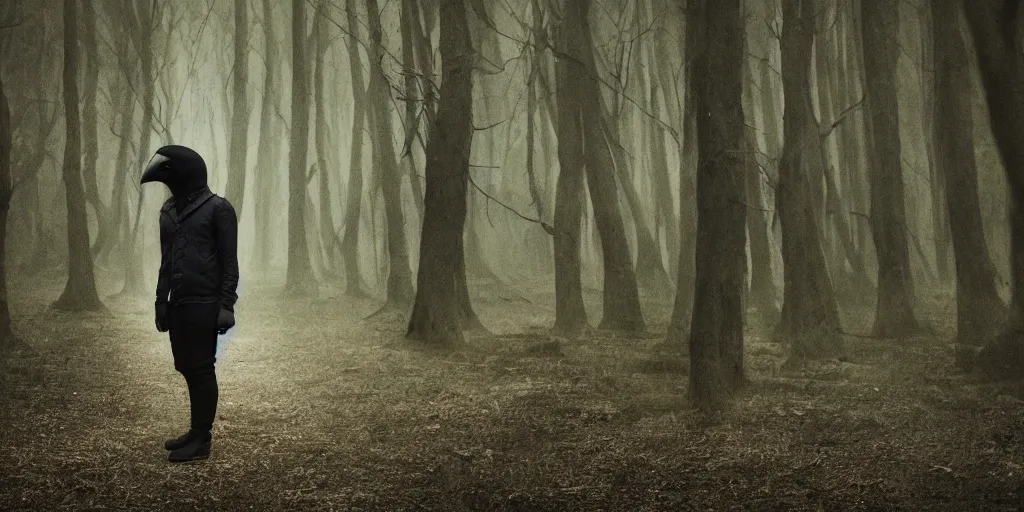 Image similar to mixture between a human and crow, photograph captured in a dark forest