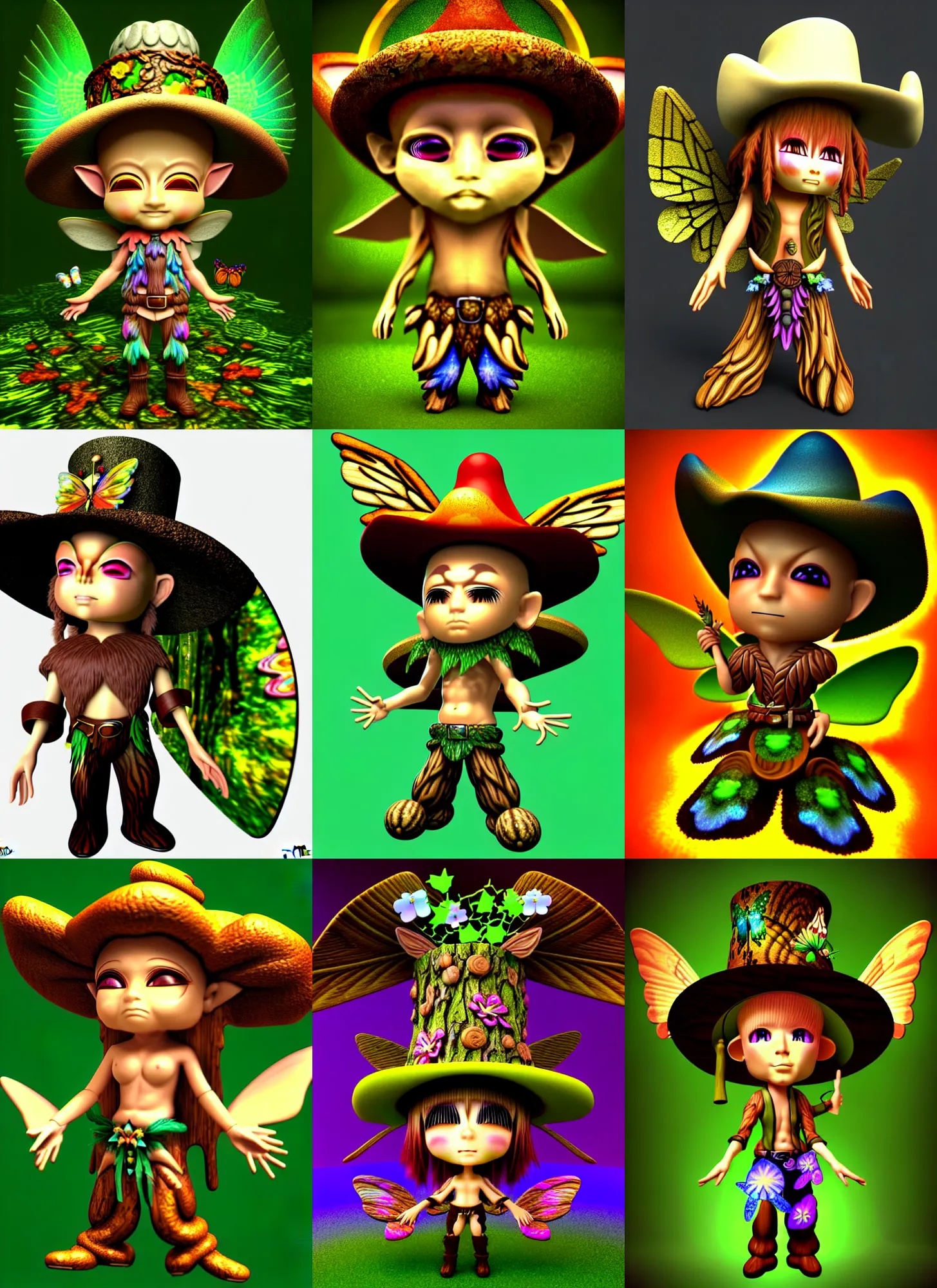 Prompt: 3d render of chibi fantasy wood druid by Ichiro Tanida wearing a big cowboy hat and wearing angel wings against a psychedelic swirly background with 3d butterflies and 3d flowers n the style of 1990's CG graphics 3d rendered y2K aesthetic by Ichiro Tanida, 3DO magazine