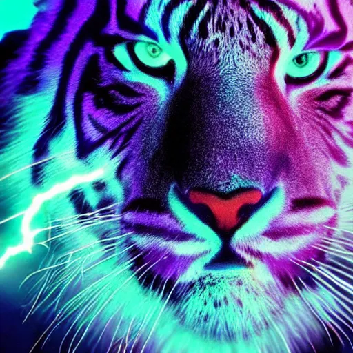 Prompt: blue tiger head growling looking to the right with hot pink lightning bolt shooting out of its eye to the left