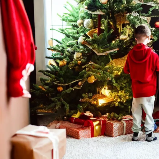 Image similar to a kid at christmas disappointed and sad that his present was a giant moai statue | inside of a house next to a christmas tree