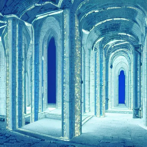 Image similar to ruins of a medieval throne room with all seats replaced by people encased in crystaline prisons, illuminated in blue light by a large crystal, perspective from the entrance, eerie ambience, handdrawn