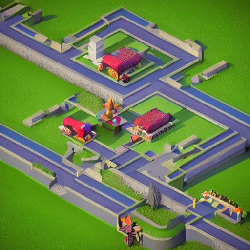 Prompt: isometric game level by style of supercell games, octane render, trending on artstation