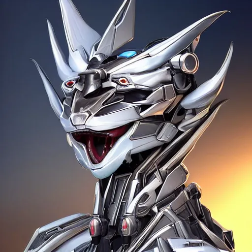 Image similar to stunning bust of a beautiful majestic anthropomorphic humanoid robot mecha female dragon, with smooth and streamlined armor, standing and posing elegantly, well detailed dragon head with epic LED eyes and a warm maw, sharp and dangerous sleek design, two arms, two legs, long tail, beautiful digital art, artstation, DeviantArt, FurAffinity, professional, depth of field, close-up, hd, octane render, sunset lighting