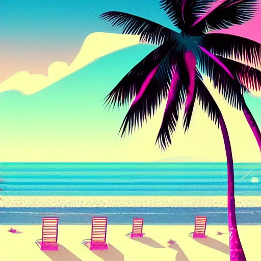 Image similar to synthwave white sand beach with palm trees, day, beautiful, aesthetic, illustration, trending on artstation