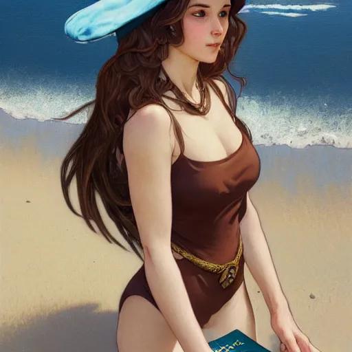 Image similar to portrait of a female wizard with brown hair wearing a blue wizard's hat and blue swimsuit holding a book at the beach, fantasy, intricate, elegant, highly detailed, digital painting, artstation, concept art, character art, smooth, sharp focus, illustration, art by greg rutkowski and alphonse mucha