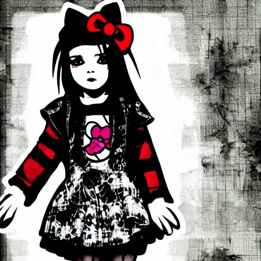 Image similar to punk little girl, profile picture, grunge fashion, reflection, cute artwork, hello kitty art style, gothic style, 8 k