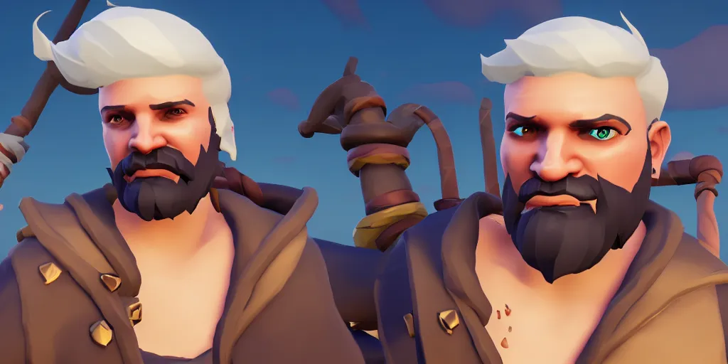 Image similar to selfie of a sea of thieves character, sea of thieves screenshot, storm, unreal engine, digital art, white beard, white hair, eye patch