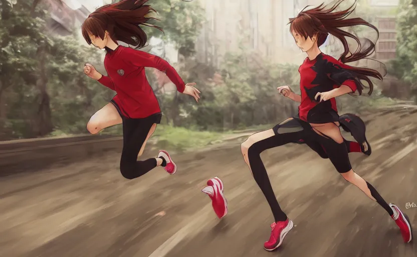 Image similar to anime style, girl is running fast, red sport clothing, marathon, brown short hair, hair down, symmetrical facial features, from arknights, hyper realistic, extreme detail, detailed 4 k drawing, safebooru, realistic lighting, by alphonse mucha, greg rutkowski, sharp focus, backlit