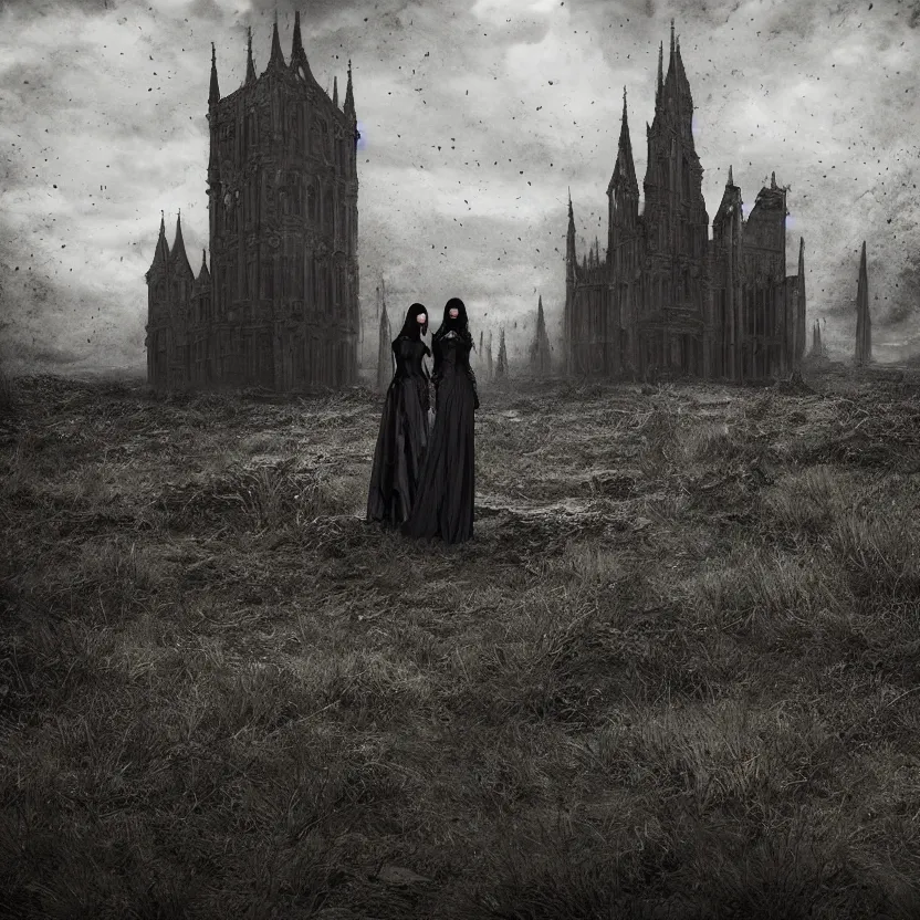 Image similar to A Gothic couple of jewels in an empty land, dark romance, dark and mysterious, atmospheric, ominous, eerie, cinematic, Epic, 8k, 4k, ultra detail, ultra realistic, rendered by awesomeness