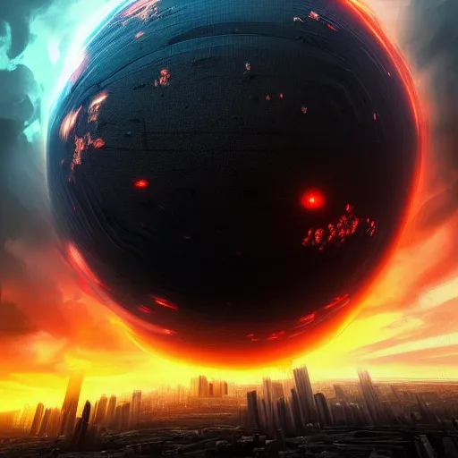 Image similar to a black glowing sphere in the center of the sky surrounded by swirling firestorm clouds, a detailed wide cityscape modern, wide perspective, highly detailed digital art, cinematic, hyper realism, oil on canvas, trending on Artstation, octane render