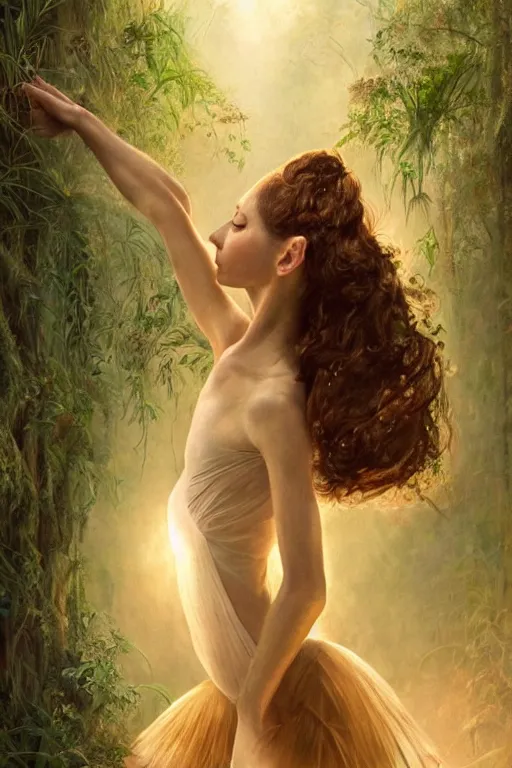 Prompt: stunningly beautiful, prima ballerina in jungle, symmetrical face, golden hour, smooth, focus, highly detailed, hyper realistic, dramatic lighting, elegant, intricate, concept art, art by wlop, mars ravelo, greg rutowski