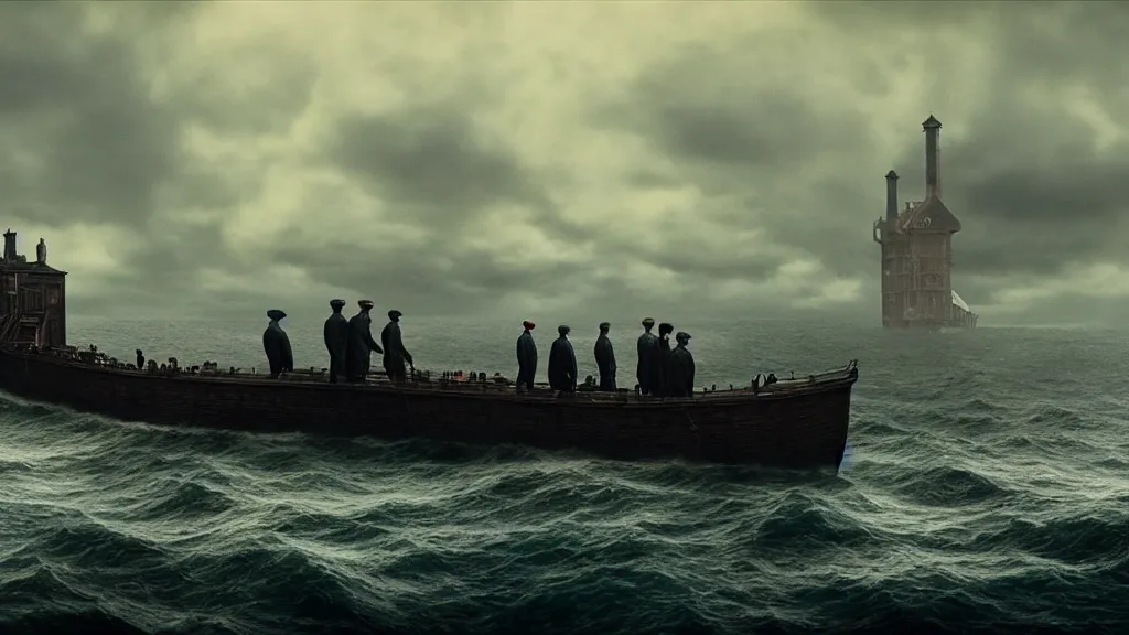 Image similar to photo of the Peaky Blinders coming out of the ocean, extreme detailed face, spaceship flying on the background, film still from the movie directed by Denis Villeneuve with art direction by Zdzisław Beksiński, wide lens