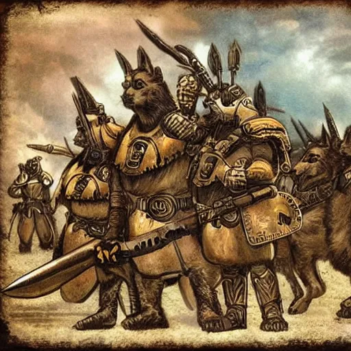 Image similar to Warrior cats riding large wardogs into battle, steampunk weapons and armour