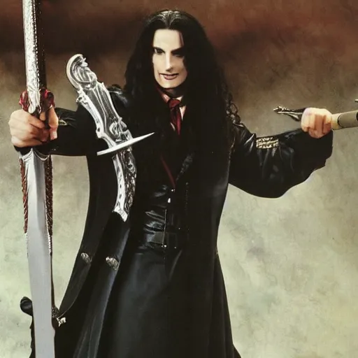 Prompt: alucard posing for a picture with a long sword