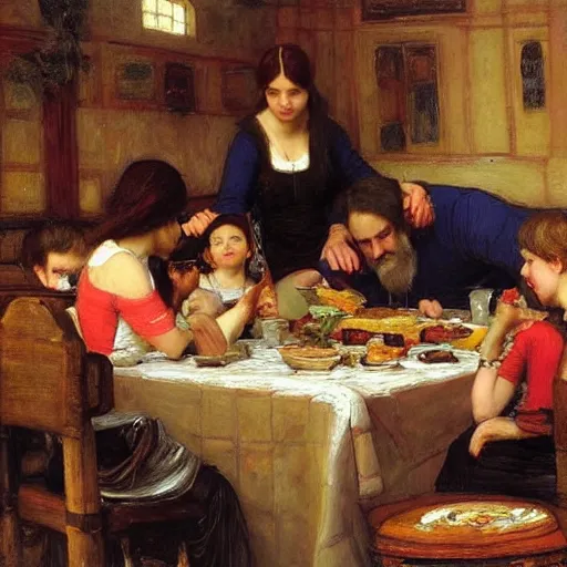 Prompt: a family eating shabbat dinner, painting in the style of john william waterhouse, highly detailed