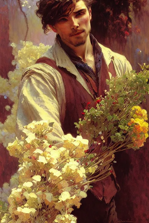 Image similar to attractive man holding flowers, painting by gaston bussiere, craig mullins, greg rutkowski, alphonse mucha