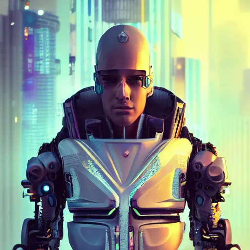 Image similar to Cyberpunk futuristic hero, 4K symmetrical portrait, character concept art, hyper quality, future Doctrine, secret organization, 4k post-processing, moody lighting rendered by octane engine